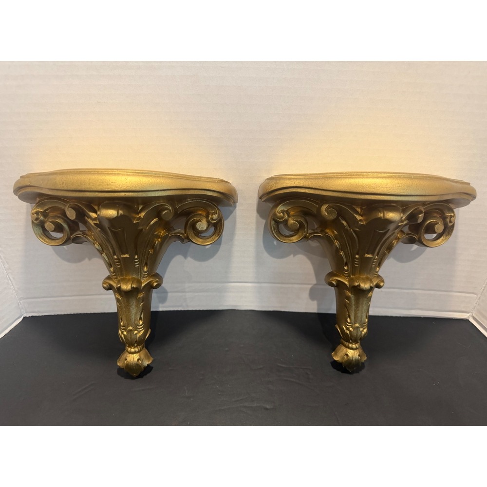 VTG Burwood Gold Ornate Wall Corbel Shelves Pair Syroco Style Hollywood Regency